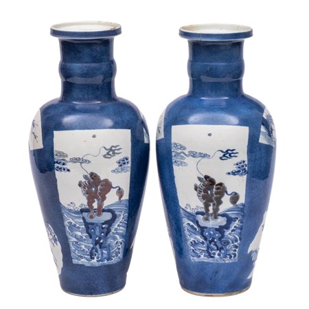 A Pair Of Chinese Underglaze Blue And Copper Red Rouleau Vases Each Of Ovoid Form With Cylindrical
