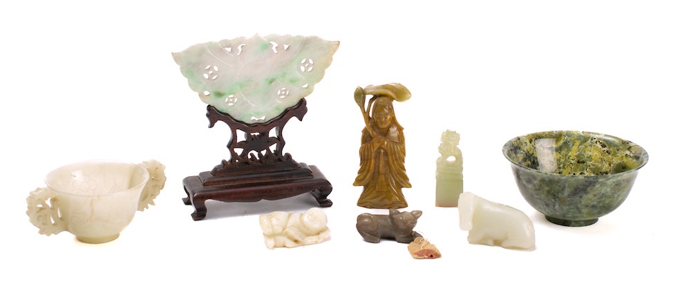 A Chinese Jade Panel In The Shape Of A Butterfly Mounted On A Wood Stand, A Jade Twin Handled Cup