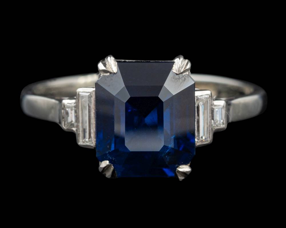 An Art Deco Sapphire And Diamond Ring, The Rectangular Cut Sapphire, Ca 3