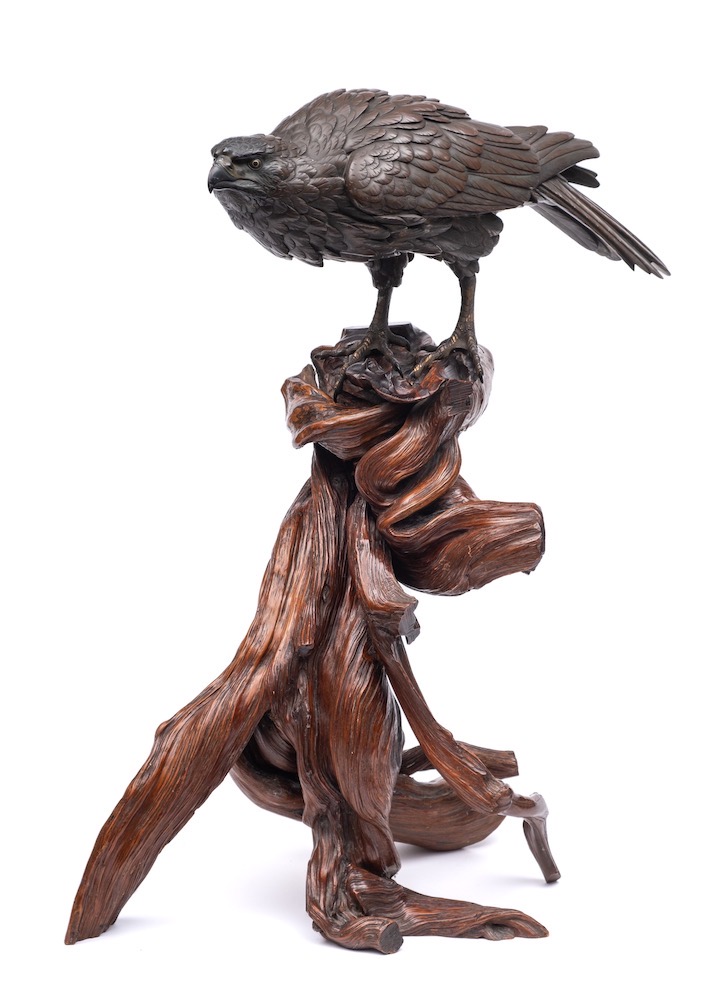 Akasofu Gyoko, A Bronze Study Of An Eagle Perched On A Twisted Root Wood Stand