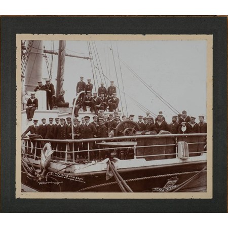 A Mounted Photograph Of The Crew Of RYS Terra Nova, British Antarctic Expedition 1910