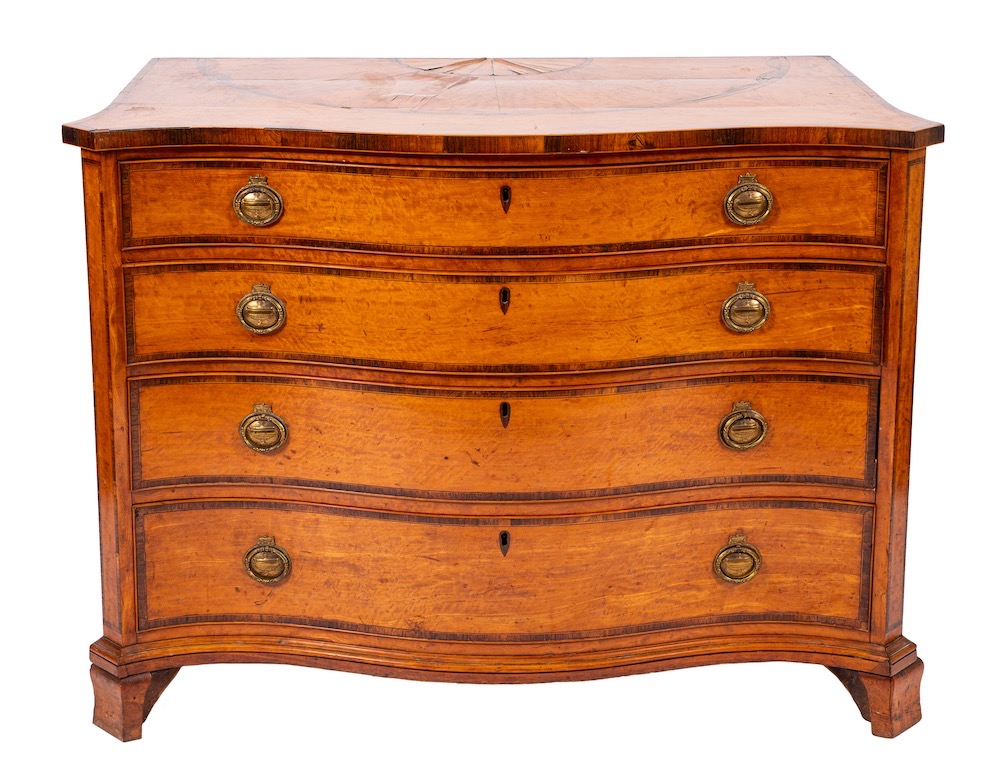 A Fine George III Satinwood And Rosewood Crossbanded Serpentine Commode