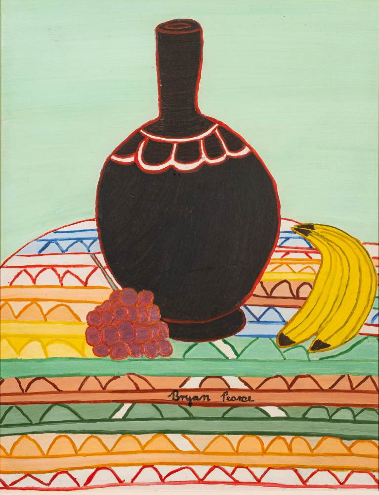 Bryan Pearce [1929 2006] Still Life; Black Vase, Bananas And Grapes On A Table Cloth